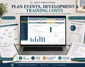 A laptop displays an Excel dashboard, with a "Training Calendar" notepad and a "Training Cost Tracker" form on either side.