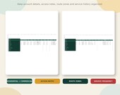 Two white sheets of paper, each displaying a spreadsheet with columns for client CRM and property profiles, on a light green and white background.