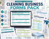 A laptop displays a "Client Intake & Property Profile" form, surrounded by printed forms including "Cleaning Estimate" and "Residential Cleaning Checklist", with a blue spray bottle and towel.