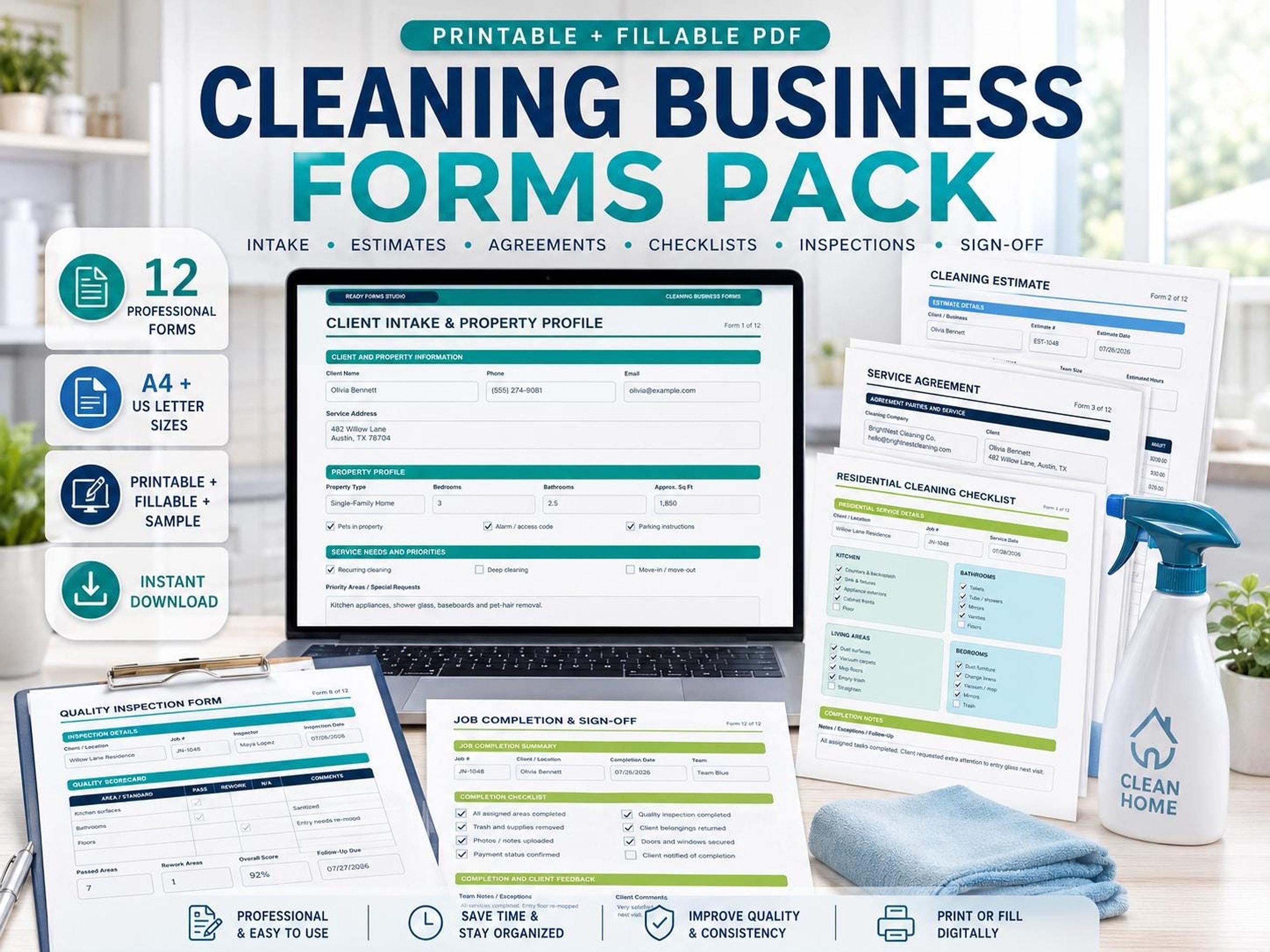 A laptop displays a "Client Intake & Property Profile" form, surrounded by printed forms including "Cleaning Estimate" and "Residential Cleaning Checklist", with a blue spray bottle and towel.