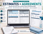A laptop displays a "Professional Estimate" and "Service Agreement" form, with a notepad, pen, blue towel, and a blue spray bottle in the foreground.