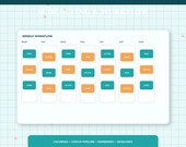 A digital weekly workflow calendar displays days of the week with colored boxes labeled "New," "Active," and "Done" for each day.