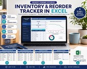 A laptop displays an inventory dashboard with charts and tables, alongside a blue planner, a mug, and a plant, with text overlays describing features like "Stock Levels" and "Supplier Tracking."