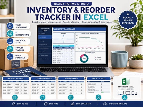 Inventory & Reorder Tracker in Excel: Stock Levels, Reorder Point, Low Stock Alerts and Inventory Sheet Business Spreadsheet