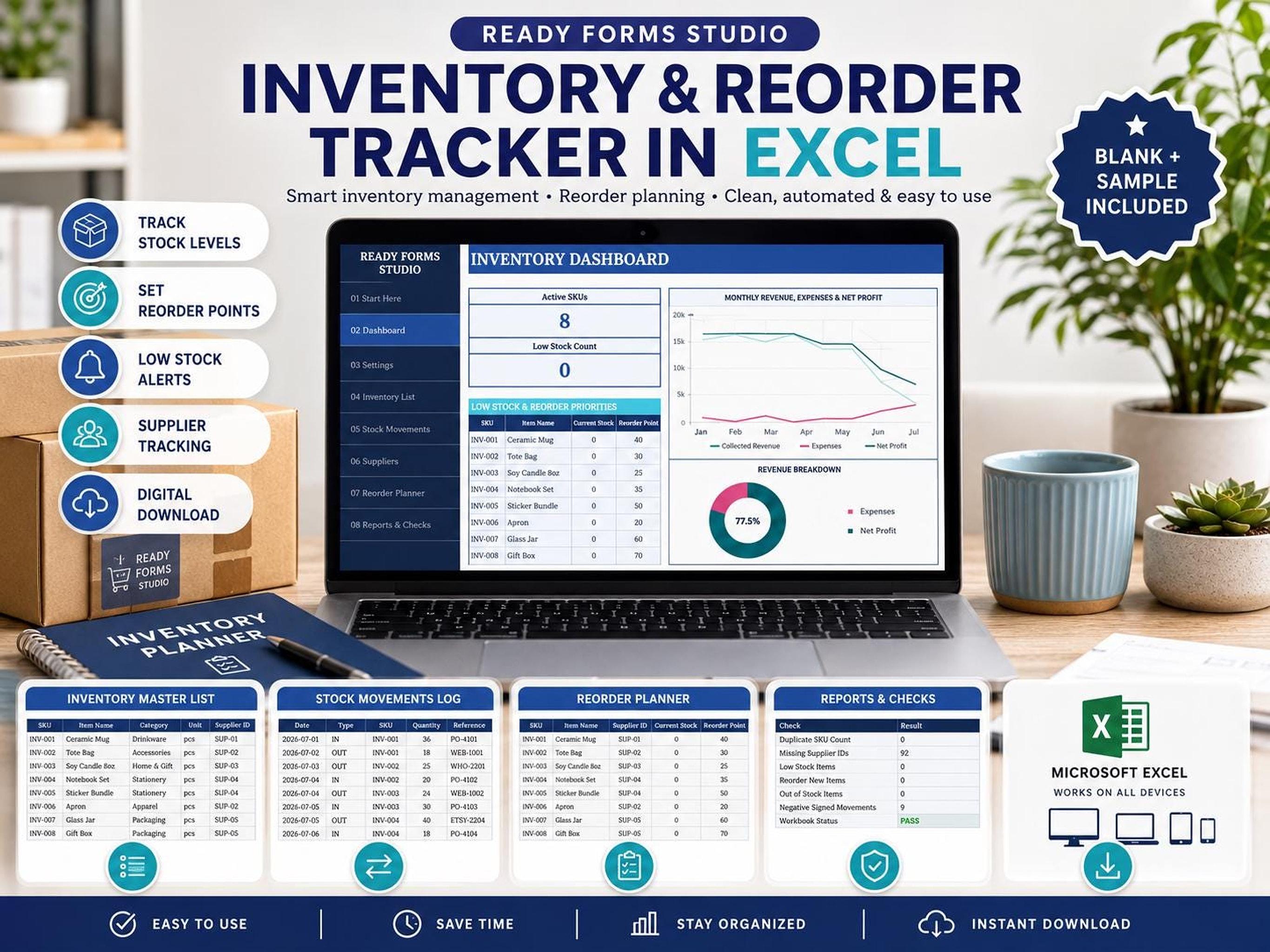 A laptop displays an inventory dashboard with charts and tables, alongside a blue planner, a mug, and a plant, with text overlays describing features like "Stock Levels" and "Supplier Tracking."