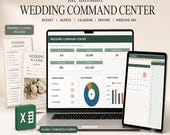 A laptop and tablet display a wedding command center spreadsheet, with a wedding checklist, planner, and two gold rings in the foreground.