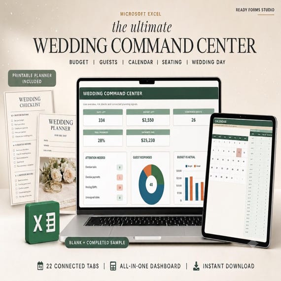 Wedding Excel Spreadsheet, Complete Wedding Planner with Budget, Guest List, Seating Chart, RSVP Tracker