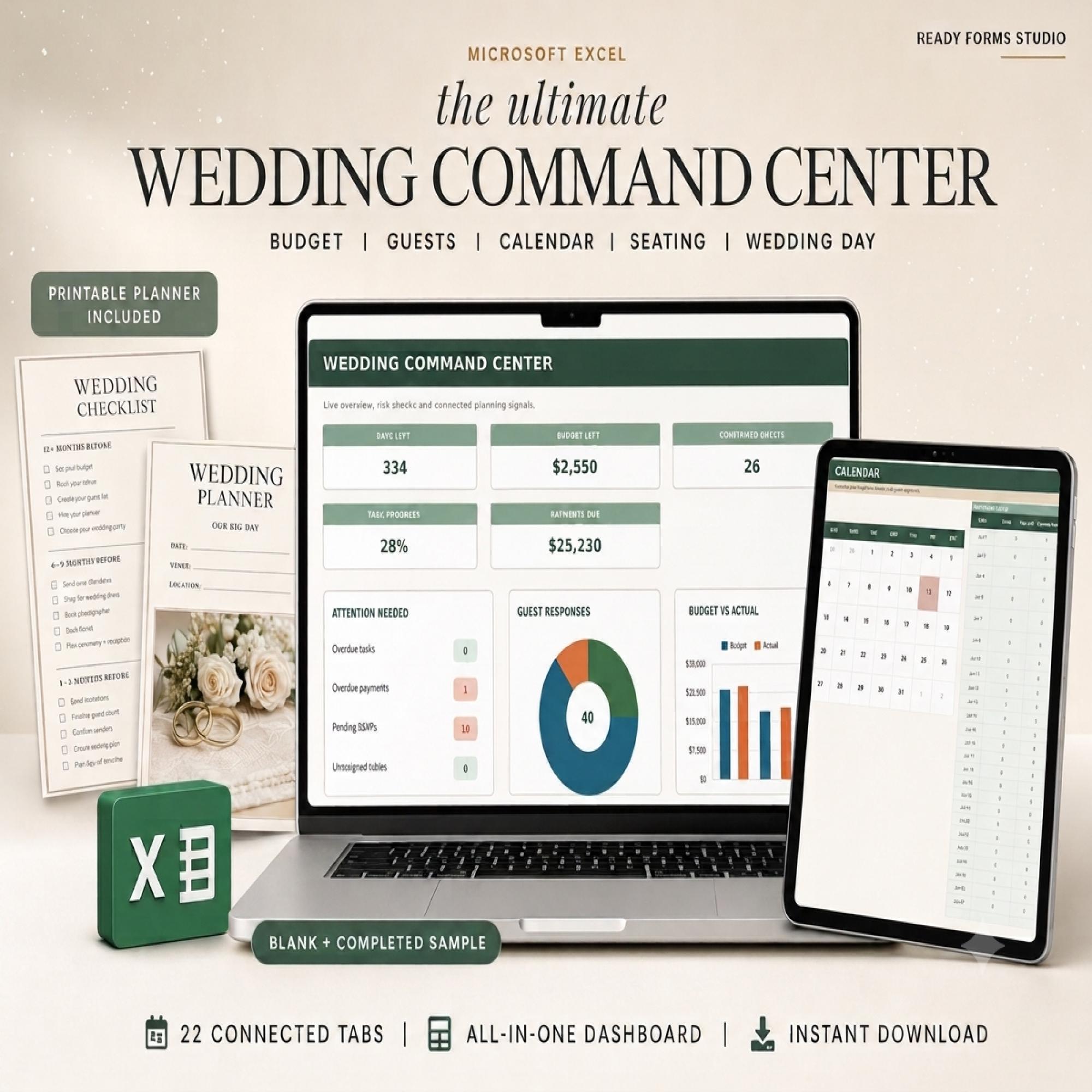 A laptop and tablet display a wedding command center spreadsheet, with a wedding checklist, planner, and two gold rings in the foreground.