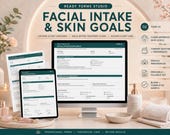 A desktop monitor and tablet display a "Facial Intake & Skin Goals" form, with skincare products and a candle on a counter.