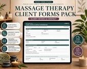 A tablet displays a massage therapy client intake and contact form, with a rolled towel and plants in the background.