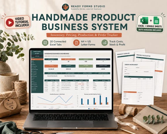 Handmade Product Business Spreadsheet: Product Inventory, Pricing Calculator, Materials, Production & Profit Tracker in Excel