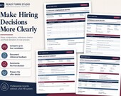 Four white forms: a Candidate Comparison Matrix, a Reference Check Record, a Hiring Decision Summary, and an Offer Preparation Checklist, with text describing hiring decision features.
