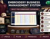 A laptop displays an "Embroidery Business Management System" orders screen, surrounded by embroidered apparel and patches on wooden risers.