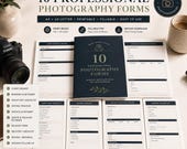 Ten professional photography forms laid out flat on a surface with a camera and a coffee mug, showing checklists and invoices.