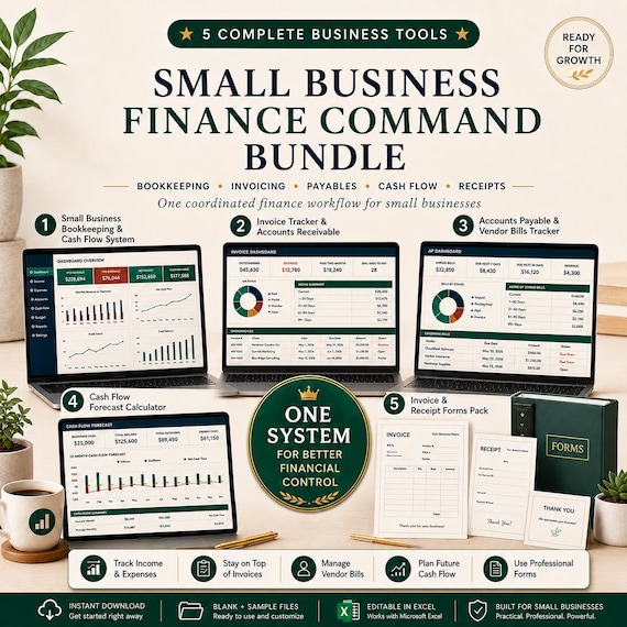 Small Business Finance Bundle in Excel: Bookkeeping, Invoice Tracker, Accounts Payable, Cash Flow Forecast & Printable Forms