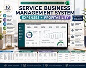 A laptop displays an expenses and profitability dashboard with charts for job costs, labor costs, and profit health, with text overlays.