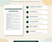 A white document titled "Pest Control Client Communication Templates" with six numbered steps for client communication, on a light green background.