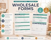 Two clipboards show a "Wholesale Inquiry Form" and a "Wholesale Order Form" on a wooden desk with craft supplies.