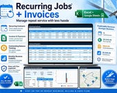 A laptop displays a spreadsheet for "Recurring Jobs + Invoices" showing client details and payment statuses, with surrounding text highlighting features like "Track Recurring Contracts" and "Manage Payments."