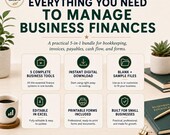 A promotional graphic highlighting features of the 5-in-1 finance bundle against a desk background with office supplies.