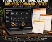 A laptop displaying a "Command Center" dashboard with charts and numbers, next to a tape measure, a pencil, and stacks of paper forms labeled "Job Report," "Estimate," and "Invoice."