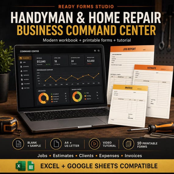 Handyman Business Spreadsheet | Job Tracker, Estimate Calculator, Materials, Work Orders, Invoice & Profit Dashboard