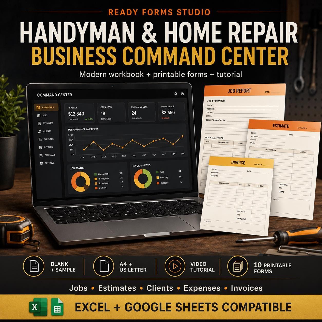 A laptop displaying a "Command Center" dashboard with charts and numbers, next to a tape measure, a pencil, and stacks of paper forms labeled "Job Report," "Estimate," and "Invoice."