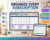 A desktop computer displays an Excel spreadsheet titled "Organize Every Subscription," showing a subscription management dashboard, next to a tablet displaying an "Expense Log."