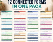 An overview graphic displaying twelve connected craft business forms in one pack, including intake, order, and inventory templates.