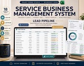 A laptop displays a lead pipeline dashboard showing potential leads, follow-up dates, and estimated value, with a blue mug and printed reports nearby.