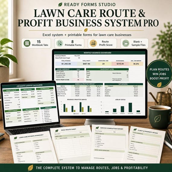 Lawn Care Business Spreadsheet | Client Tracker, Route Planner, Profit Calculator for Landscaping & Mowing Companies