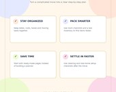 A graphic titled "Move With Less Stress" with four bullet points: "Stay Organized," "Pack Smarter," "Save Time," and "Settle In Faster."