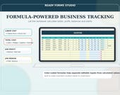 A monitor displays a spreadsheet titled "PROFIT TRACKER," showing columns for labor, total cost, job profit, and job margin, with text about formula-powered business tracking.