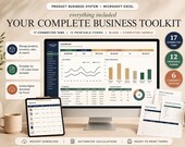 A desktop monitor shows a green and white product business system dashboard, with a tablet displaying a product catalog, and a stack of printable forms on the right.