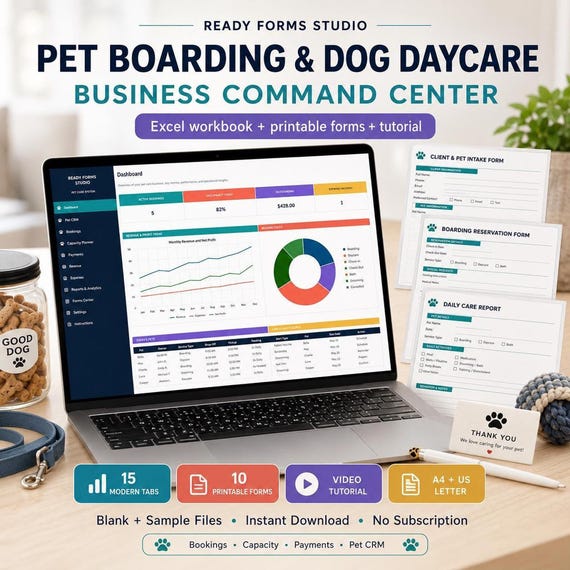 Pet Boarding Dog Daycare Business Spreadsheet | Booking Tracker, CRM, Capacity Planner, Vaccination Log, Payment & Care Management