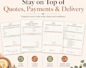 Four bakery financial and logistics forms, including a quote confirmation and invoice, are arranged with descriptive icons.