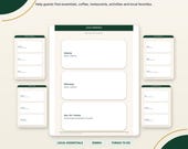 A white welcome book page with green accents shows sections for Local Essentials, Dining, and Things To Do, with example entries like "Grocery" and "Pharmacy."