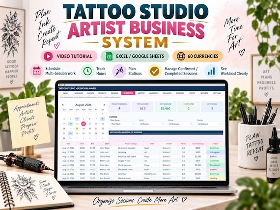 Tattoo Studio Business System | Client CRM, Artist Payouts, Profit Dashboard (Excel/Google Sheets)