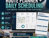 A digital spreadsheet titled "Route Planner + Daily Scheduling" shows a map with marked stops, a route schedule, and a daily route and appointment sheet for a pressure washing business.
