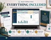 A laptop displays an Excel dashboard, with a dark green binder and various paper forms like "Training Record" and "Quick Start Guide" arranged around it.