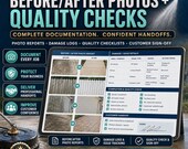 A digital spreadsheet titled "Before / After Photos + Quality Checks" displays sections for photo reports, damage logs, quality checklists, and a customer sign-off.