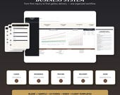 A flat lay of five digital forms and a dashboard on a tablet, representing a complete photography business system.