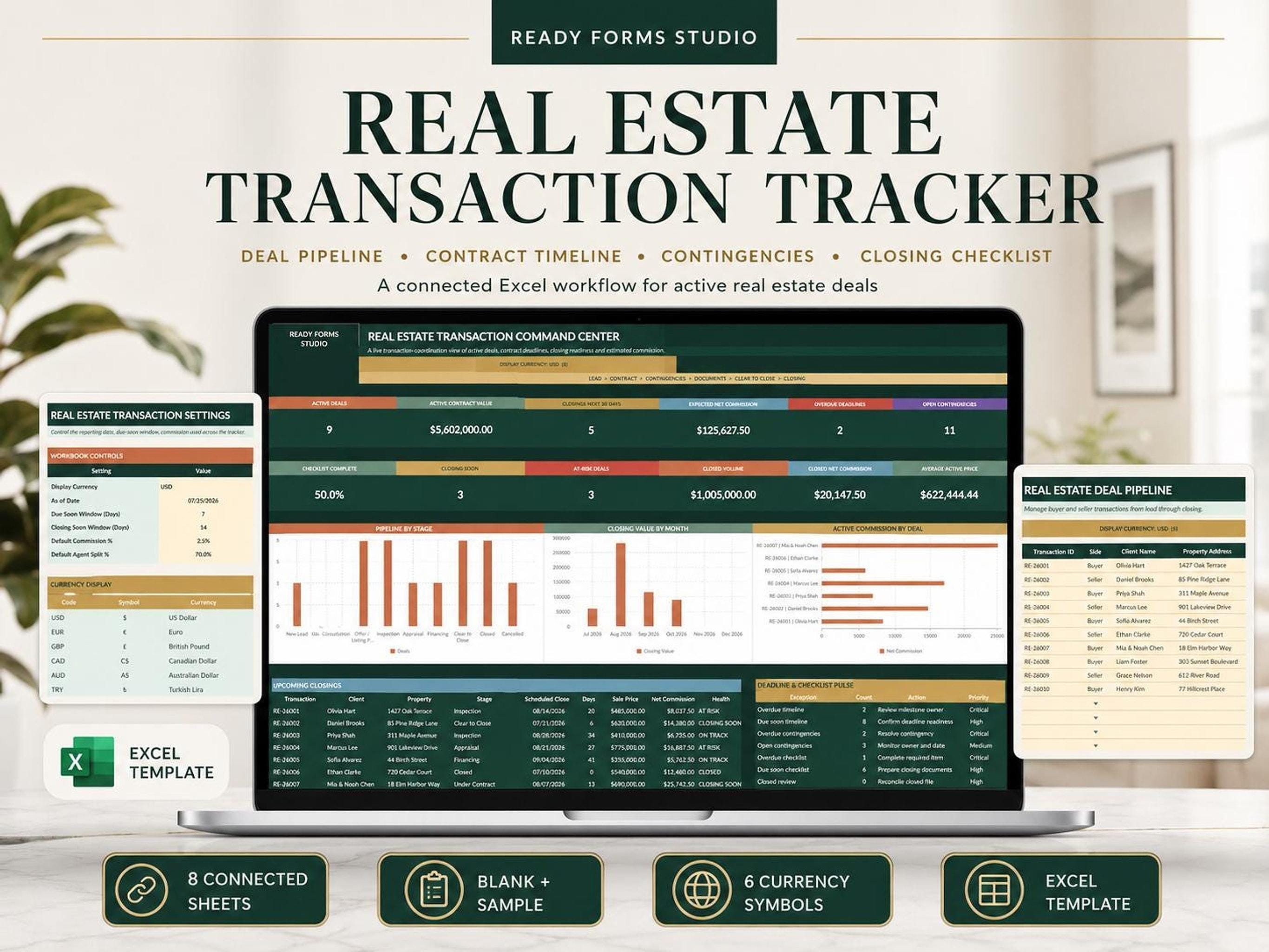A laptop screen displays a real estate transaction tracker with sections for deal pipeline, contract timeline, contingencies, and closing checklist, showing various data tables and charts.
