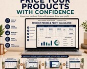 A laptop displaying the product pricing and profit calculator spreadsheet surrounded by feature icons and benefit text.