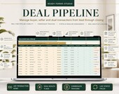A laptop screen displays a 'Deal Pipeline' spreadsheet with columns for transaction ID, client, property, status, sales price, commission, and other deal-related data.