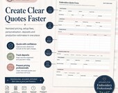 A marketing graphic highlighting features for creating quick quotes with a detailed embroidery quote form template displayed on the right.