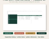 A green and white spreadsheet titled "Property Inspections + Follow-Up" displays various inspection data, with text boxes highlighting "Routine Inspections," "Move-Out Inspection," "Open Findings," and "Next Inspection."