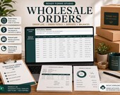 A laptop shows a "Wholesale Orders" spreadsheet with order details and financial summaries, accompanied by a clipboard and mug.