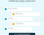 An illustration showing five rectangular boxes labeled "Appointment Confirmation," "Payment Follow-up," "Review Request," "Rescheduling Message," and "Client Reminder."