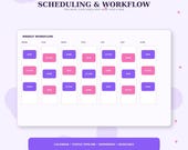 A digital "Scheduling & Workflow" screen shows a weekly workflow calendar with "New," "Active," and "Done" tasks for each day of the week.